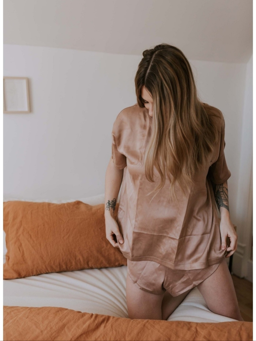 Lunya Women's Washable Silk Pajama Top In Blush/ Taupe Short Sleeve Size XS/S.